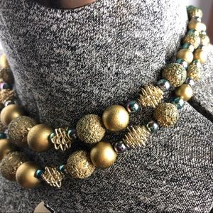 Vintage Satin, Iridescent & Textured Beaded gold tone tiered spirals Necklace